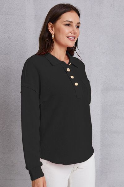 Quarter Button Dropped Shoulder Sweatshirt - T-Shirts - Shirts & Tops - 15 - 2024