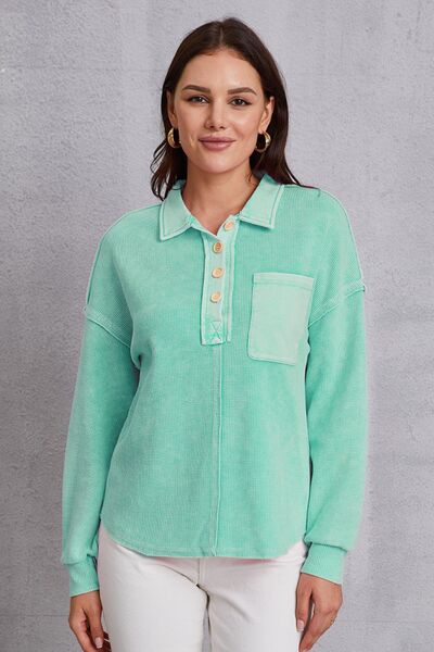 Quarter Button Dropped Shoulder Sweatshirt - Light Green / S - T-Shirts - Shirts & Tops - 8 - 2024