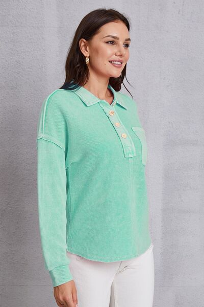 Quarter Button Dropped Shoulder Sweatshirt - T-Shirts - Shirts & Tops - 9 - 2024