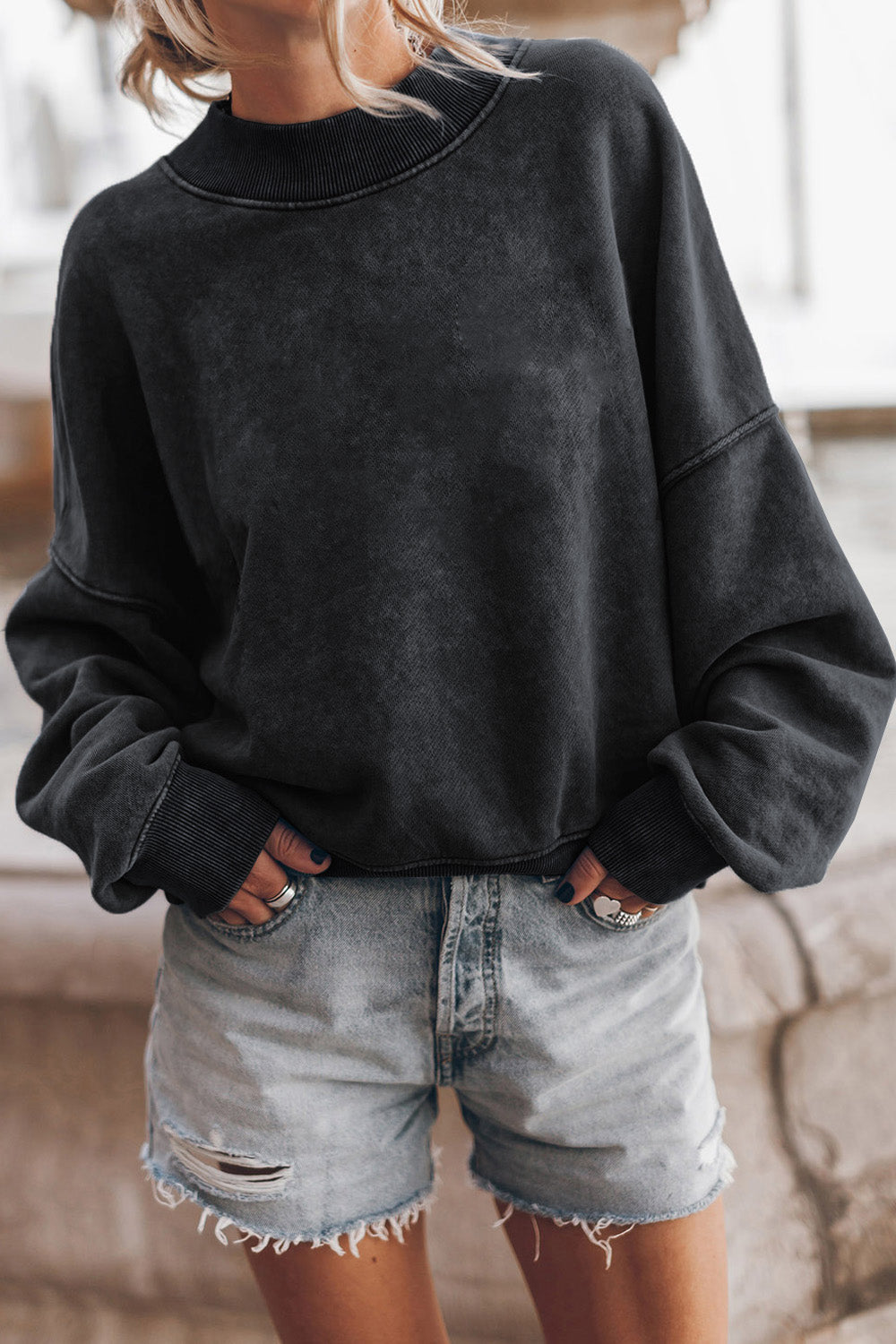 Round Neck Dropped Shoulder Sweatshirt - Black / S - T-Shirts - Shirts & Tops - 10 - 2024