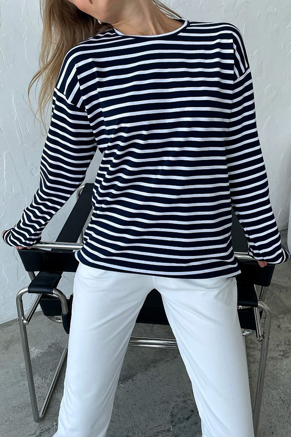 Round Neck Striped Dropped Shoulder T-Shirt - Black / S - T-Shirts - Shirts & Tops - 4 - 2024