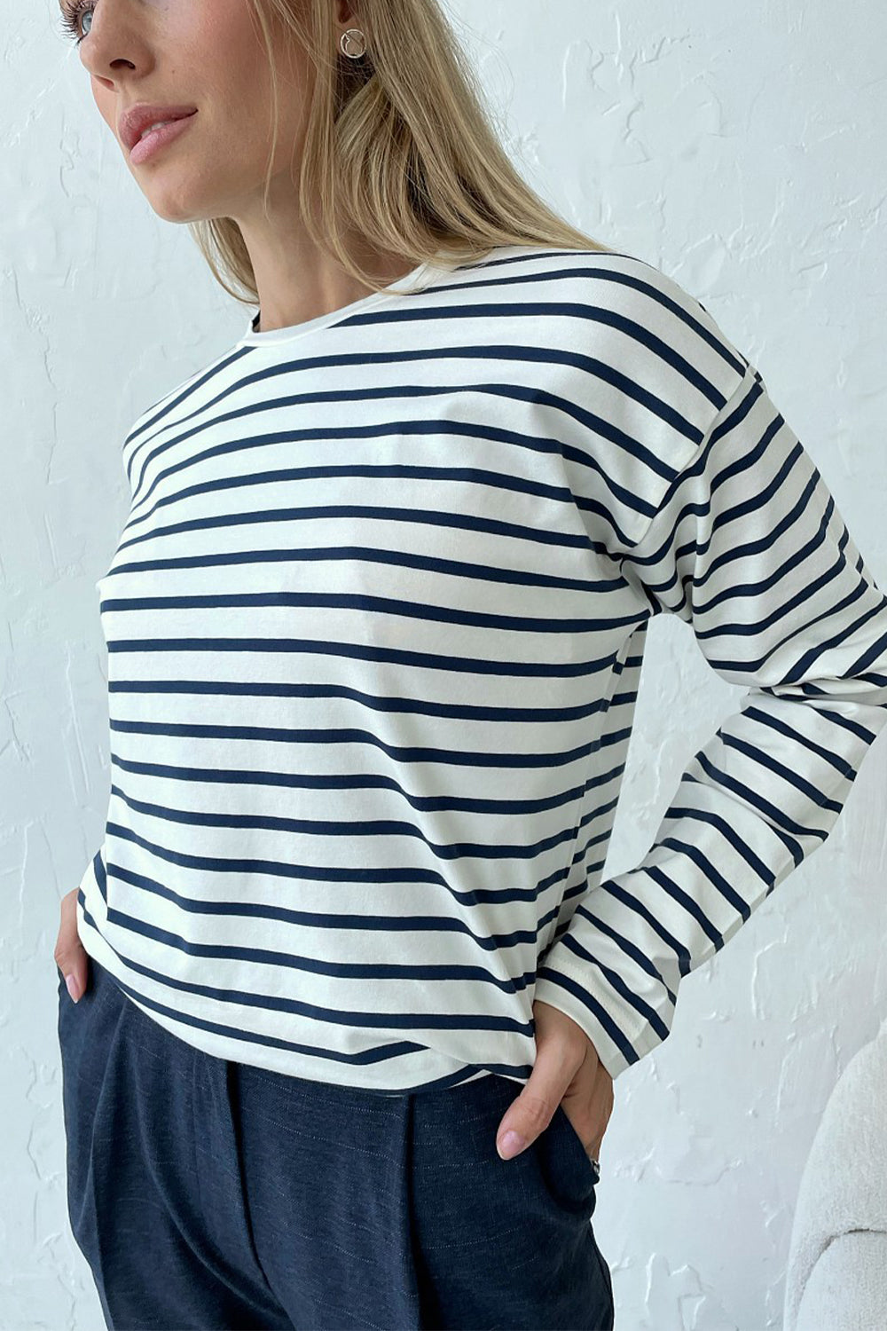 Round Neck Striped Dropped Shoulder T-Shirt - T-Shirts - Shirts & Tops - 7 - 2024