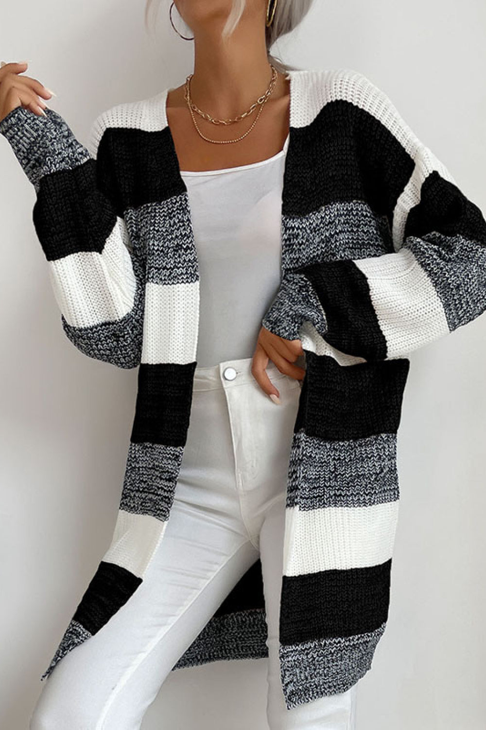 Striped Long Sleeve Duster Cardigan - Black / S - Women’s Clothing & Accessories - Shirts & Tops - 10 - 2024