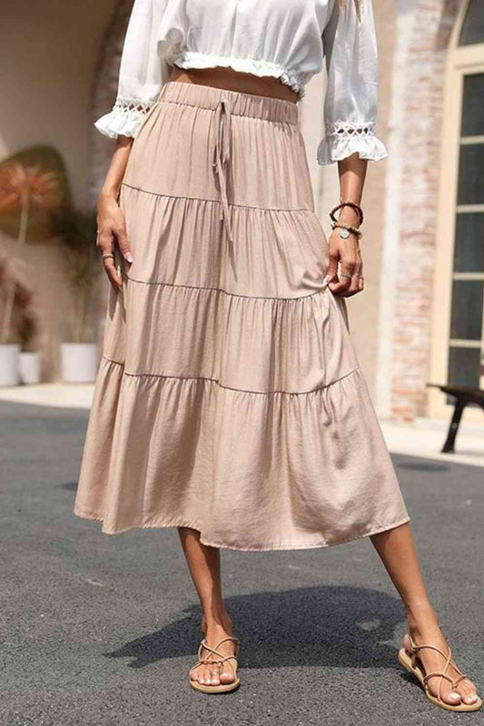 Elastic Waist Tiered Midi Skirt - Pink / S - Bottoms - Skirts - 1 - 2024