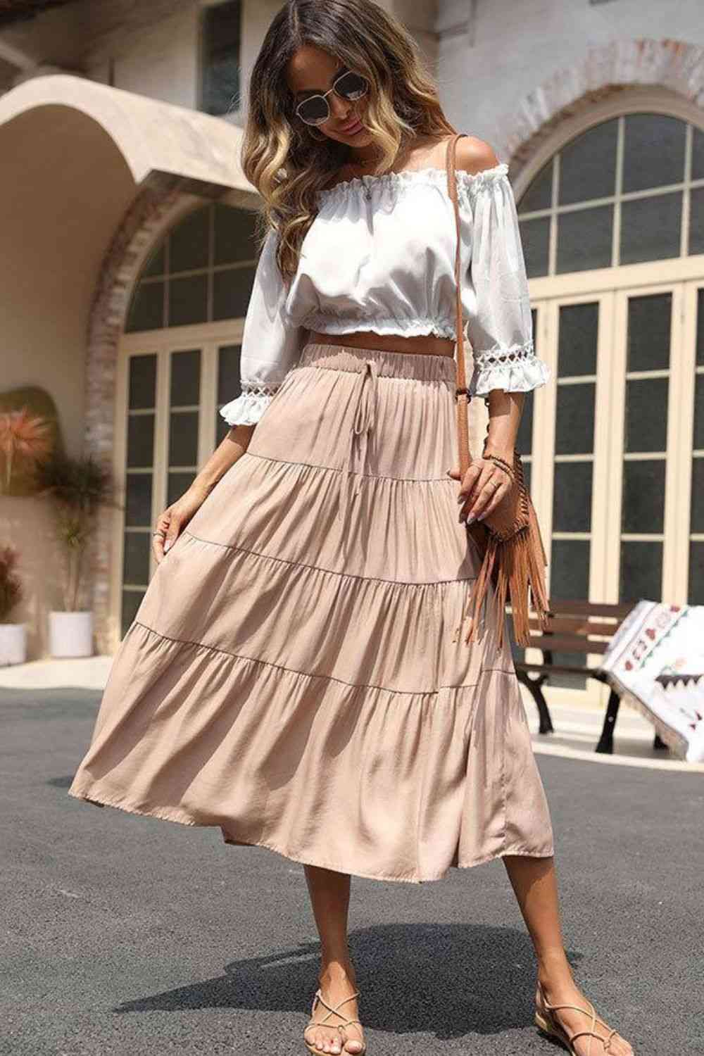 Elastic Waist Tiered Midi Skirt - Bottoms - Skirts - 5 - 2024