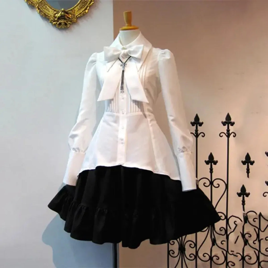 Elegant Gothic Lolita Dress - Big Bow Collar Lace-Up Pleated Design - All Dresses - 2