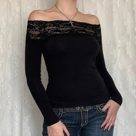 Black Lace Crop Top: Elegant Harajuku Y2K Long Sleeve Tee - T-Shirts - Shirts & Tops - 2 - 2024