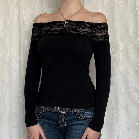 Black Lace Crop Top: Elegant Harajuku Y2K Long Sleeve Tee - T-Shirts - Shirts & Tops - 1 - 2024