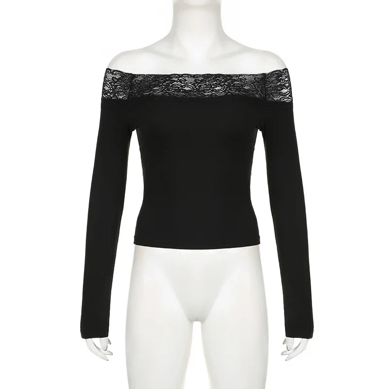 Black Lace Crop Top: Elegant Harajuku Y2K Long Sleeve Tee - T-Shirts - Shirts & Tops - 3 - 2024