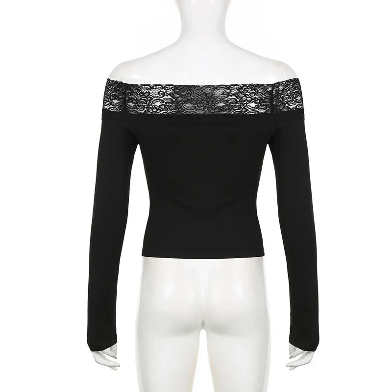 Black Lace Crop Top: Elegant Harajuku Y2K Long Sleeve Tee - T-Shirts - Shirts & Tops - 5 - 2024