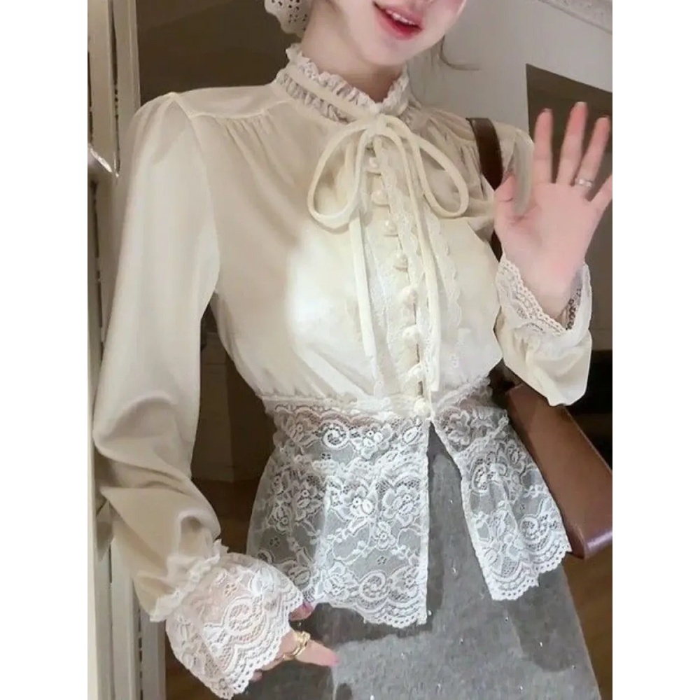Ivory Lace-Trimmed Blouse – Elegant Retro Spring Style - Dresses - Long - Shirt - Shirt - 1