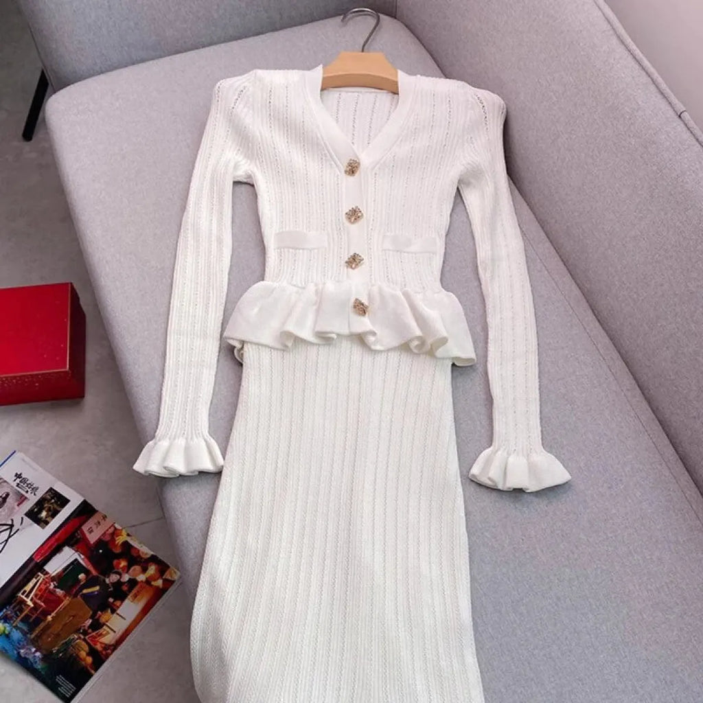 Elegant Ruffled Knit Maxi Dress with V-Neck - All Dresses - Maxi Dress - 14
