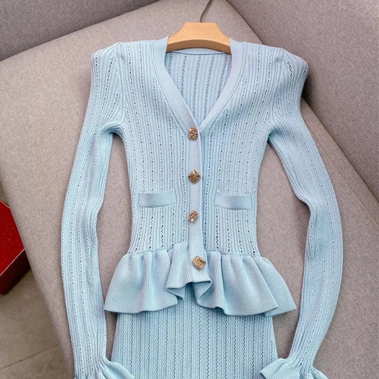 Elegant Ruffled Knit Maxi Dress with V-Neck - All Dresses - Maxi Dress - 2