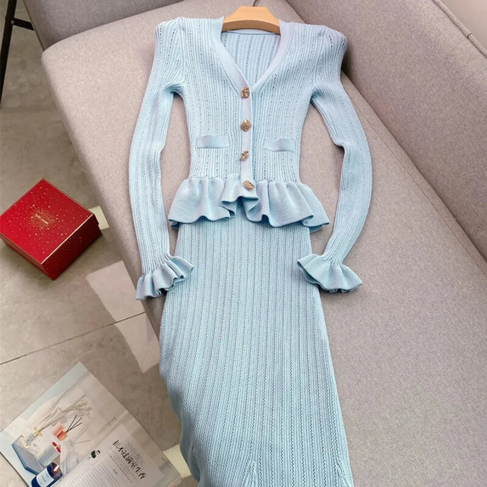 Elegant Ruffled Knit Maxi Dress with V-Neck - All Dresses - Maxi Dress - 1