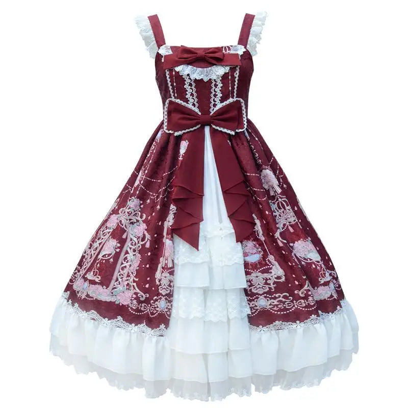 Elegant Vintage Lolita Dress - Kawaii Bow & Flower Print - Red / S - All Dresses - Dresses - 8 - 2024