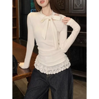 Bow Tie Lace Trim Top – Elegant Y2K Long Sleeve Blouse - Women’s Clothing & Accessories - Long - Asymmetric - Tops - 1