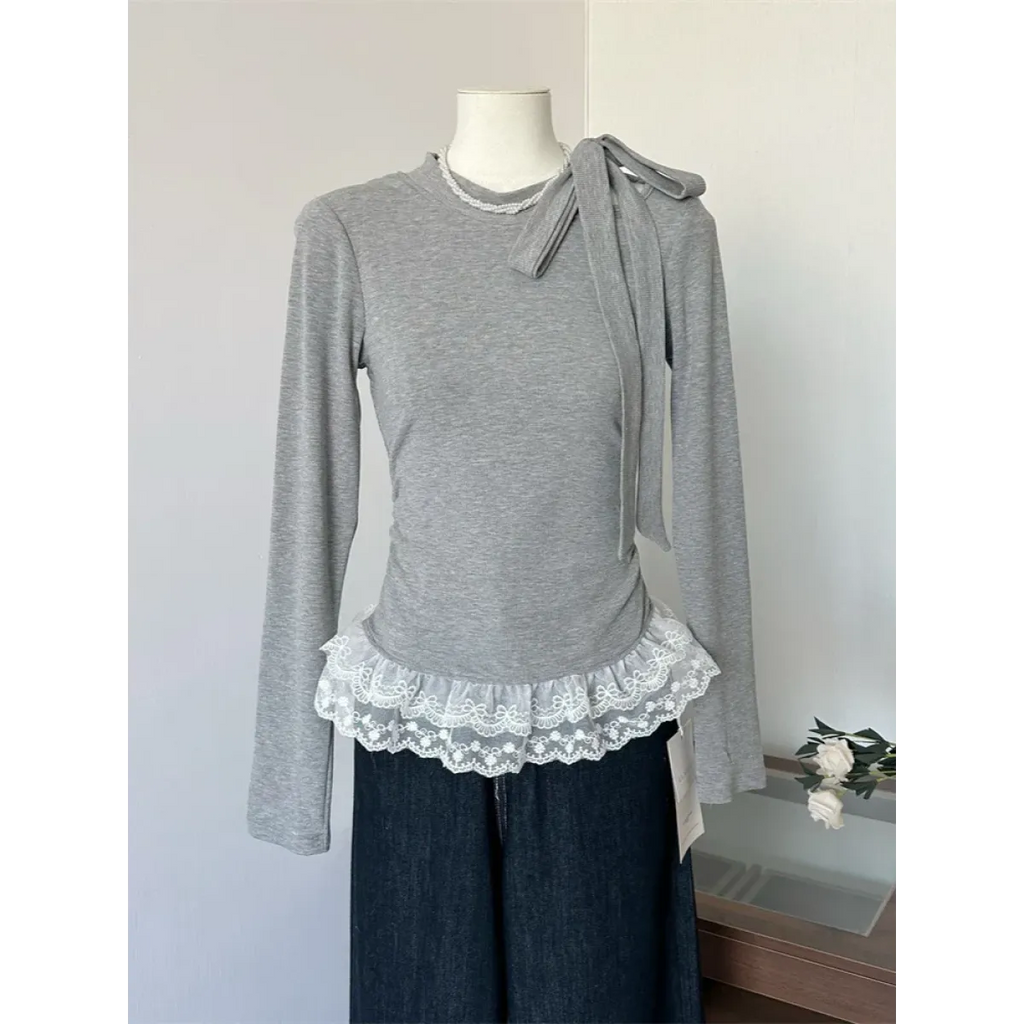 Bow Tie Lace Trim Top – Elegant Y2K Long Sleeve Blouse - Women’s Clothing & Accessories - Long - Asymmetric - Tops - 2