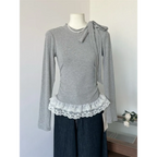 Bow Tie Lace Trim Top – Elegant Y2K Long Sleeve Blouse - Women’s Clothing & Accessories - Long - Asymmetric - Tops - 2