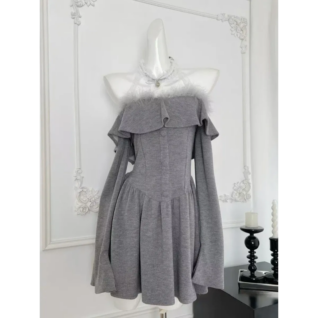 Off-Shoulder Lace Neckline Dress – Elegant Y2K Style - All Dresses - Long - Round - Dresses - 2