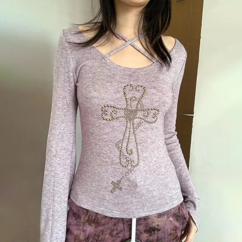 Embellished Cross Long Sleeve Tee – Spiritual Chic Top - T-Shirts - Shirts & Tops - 3 - 2024