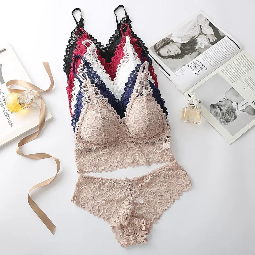 Lace Bra and Panty Set – Seamless Wire-Free Embroidered Lingerie - Women’s Clothing & Accessories - Lingerie Sets - 3
