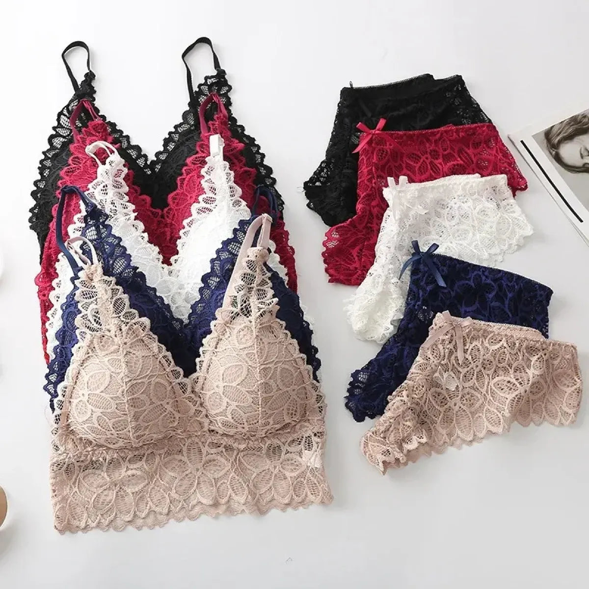 Lace Bra and Panty Set – Seamless Wire-Free Embroidered Lingerie - Women’s Clothing & Accessories - Lingerie Sets - 1