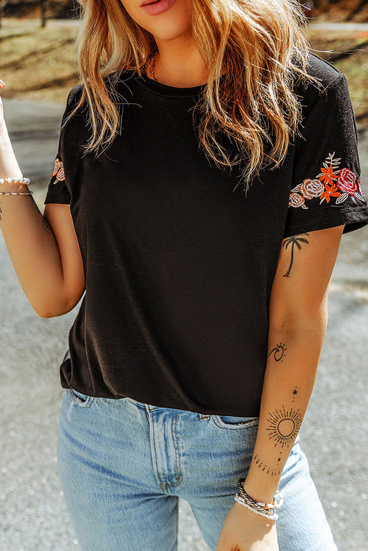 Embroidered Round Neck Tee Shirt - Black / S - T-Shirts - Shirts & Tops - 1 - 2024