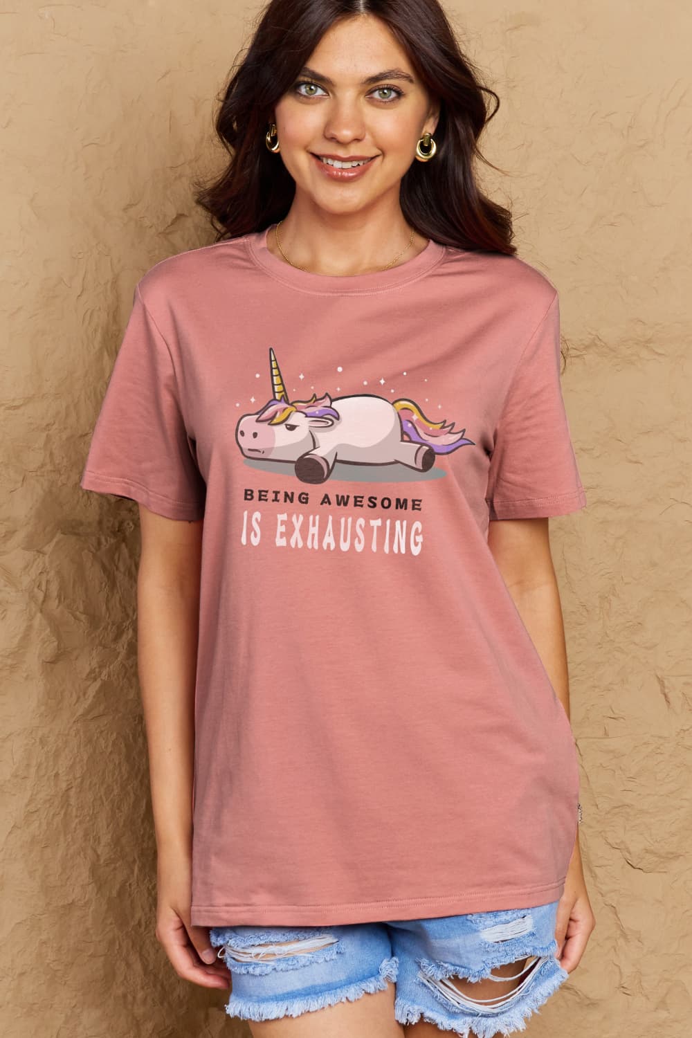 Full Size BEING AWESOME IS EXHAUSTING Graphic Cotton Tee - Light Pink / S - T-Shirts - Shirts & Tops - 8 - 2024