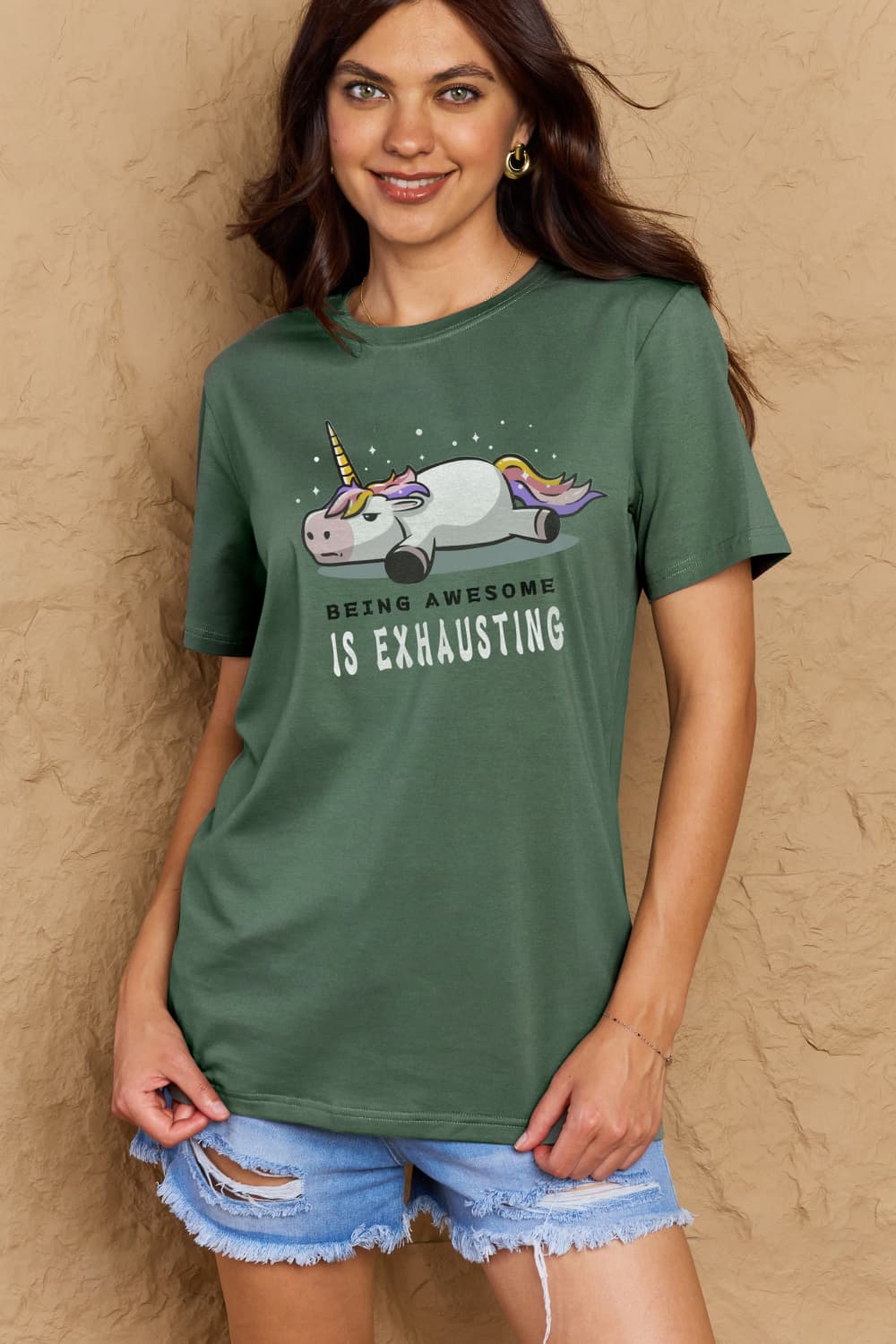 Full Size BEING AWESOME IS EXHAUSTING Graphic Cotton Tee - Green / S - T-Shirts - Shirts & Tops - 19 - 2024