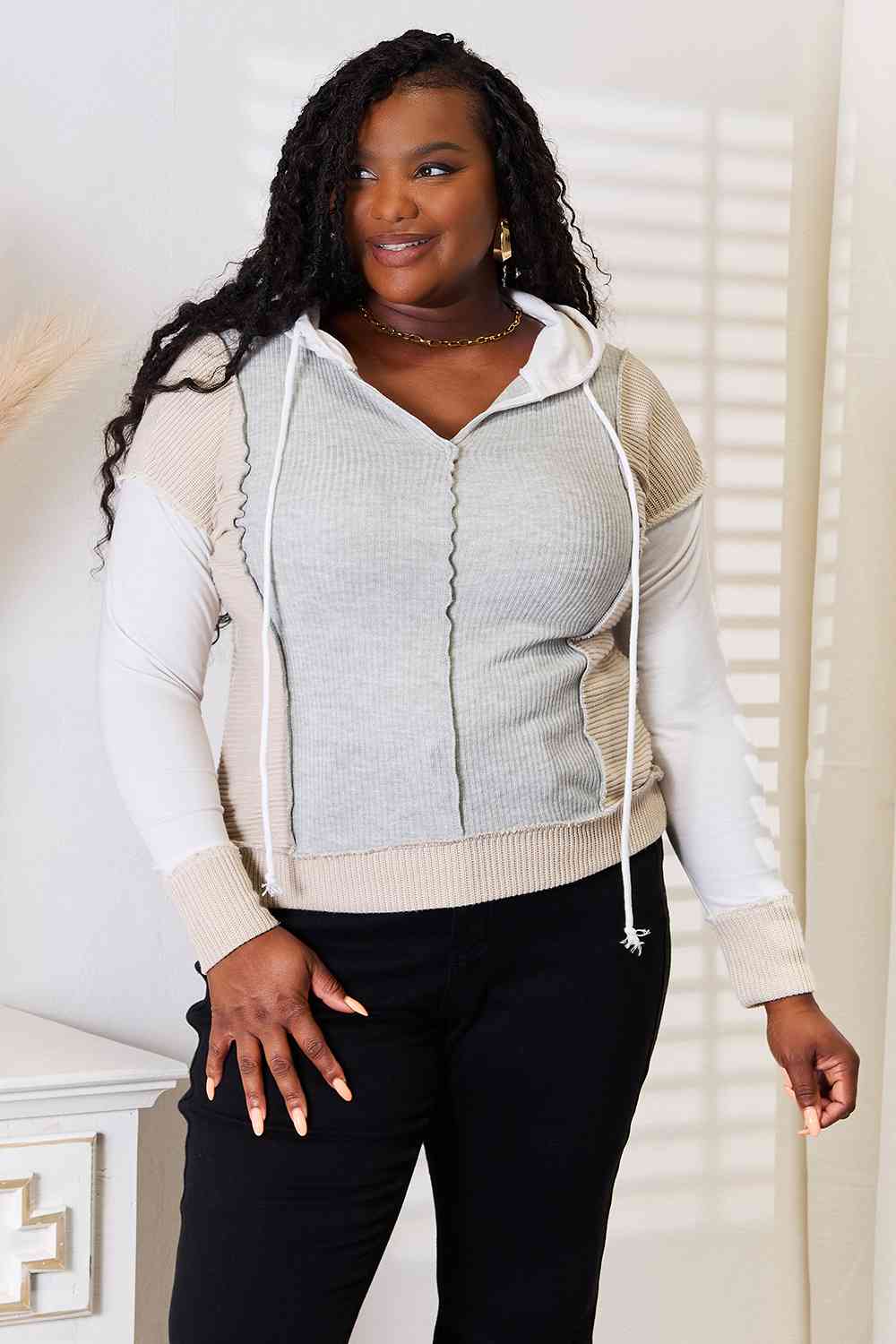 Color Block Exposed Seam Drawstring Hoodie - Light Gray / S - Hoodies & Sweatshirts - Shirts & Tops - 1 - 2024