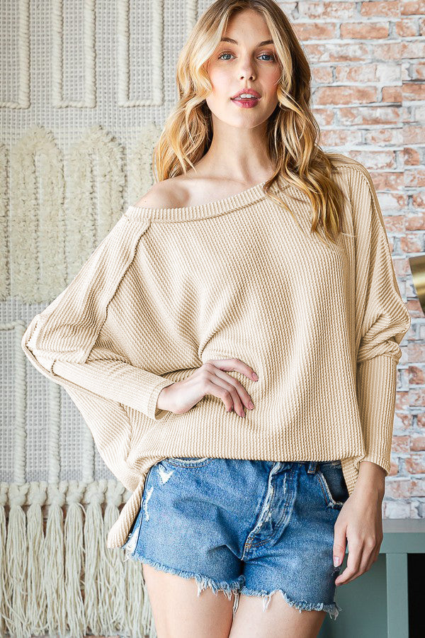 Exposed Seam Lantern Sleeve Top - Beige / S - Tops & Tees - Shirts & Tops - 1 - 2024