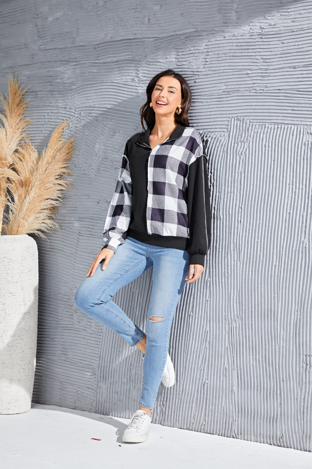 Plaid Exposed Seam Long Sleeve Blouse - Women’s Clothing & Accessories - Shirts & Tops - 6 - 2024