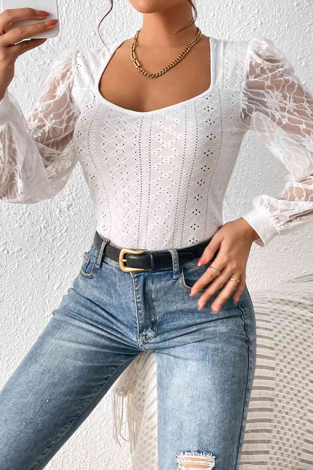 Eyelet Lace Detail Bodysuit - Women’s Clothing & Accessories - Shirts & Tops - 5 - 2024