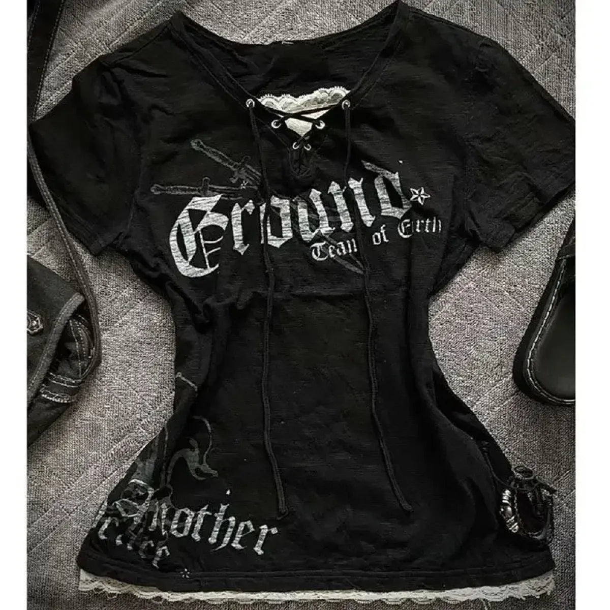 Black Lace-Up Graphic T-Shirt – Fairy Grunge Harajuku Top - Best Sellers - Short - V-neck - T-Shirts - 1