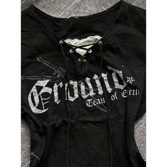 Black Lace-Up Graphic T-Shirt – Fairy Grunge Harajuku Top - T-Shirts - Short - V-neck - T-Shirts - 2