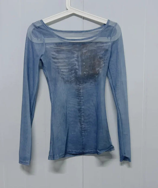 Sheer Skeleton Print Harajuku Top – Fairy Grunge Y2K Slim Fit - Blue / One Size - T-Shirts - T-Shirts - 2025 - 6