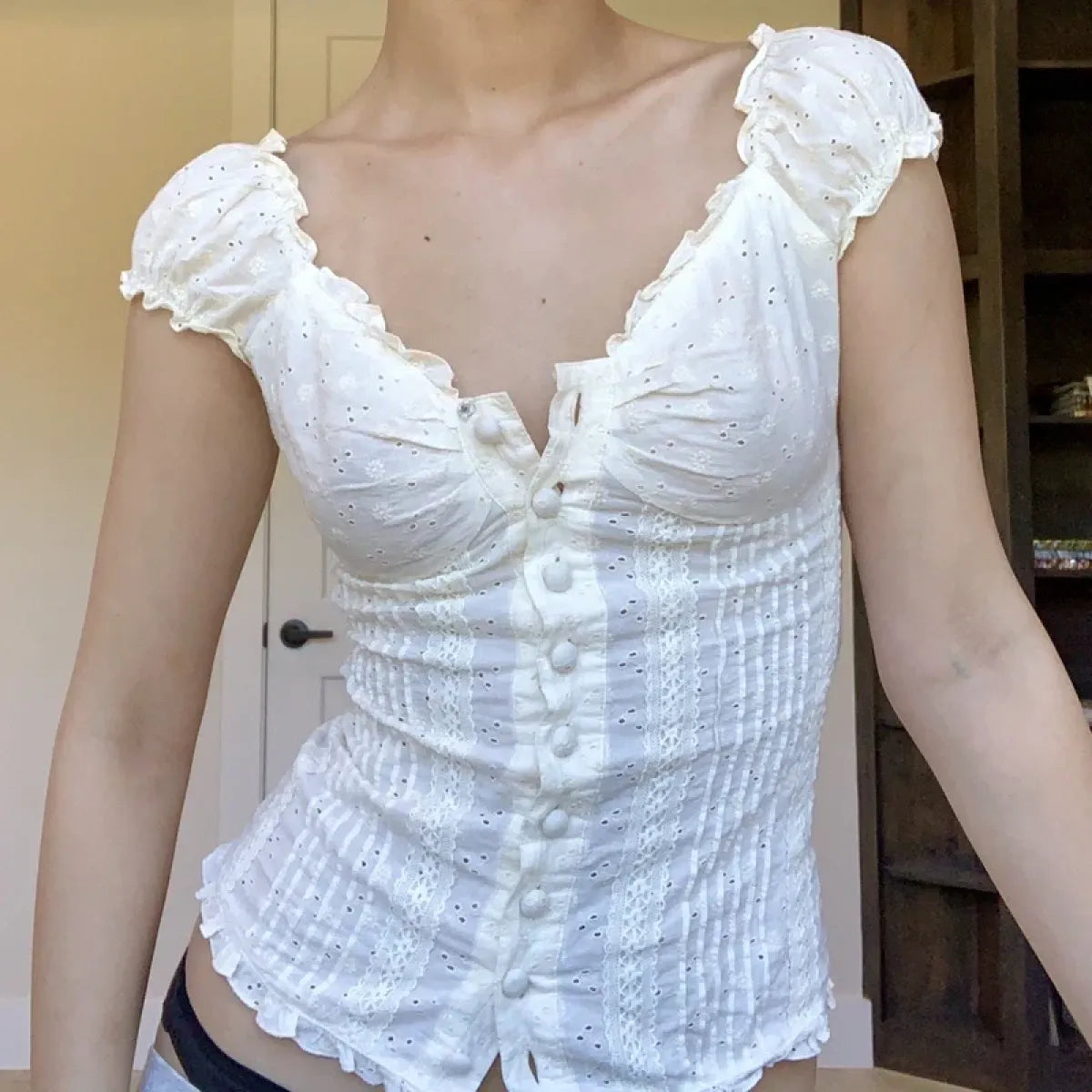 90s Vintage Button-Up Crop Top – Fairy Grunge Y2K Aesthetic White Frill Tee - T-Shirts - Short - V-neck - Crop Tops - 1