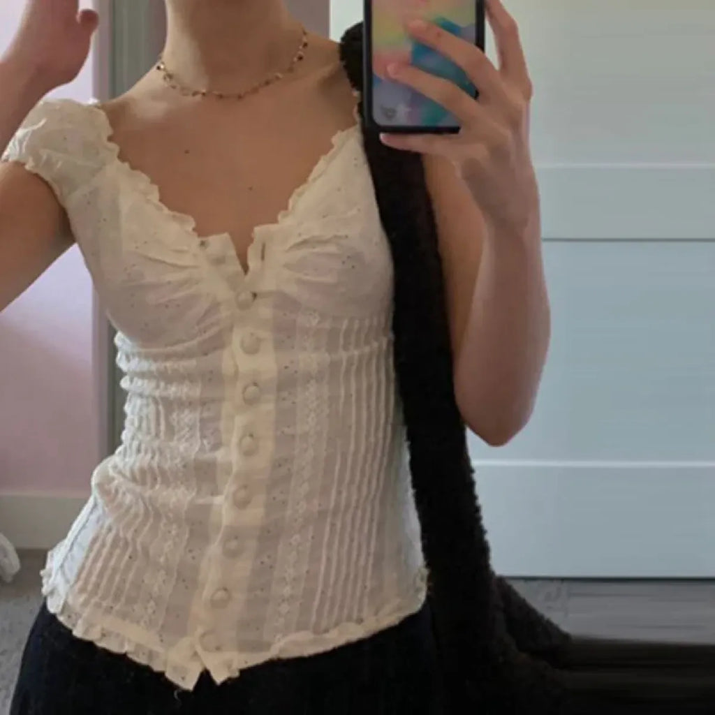 90s Vintage Button-Up Crop Top – Fairy Grunge Y2K Aesthetic White Frill Tee - T-Shirts - Short - V-neck - Crop Tops - 5