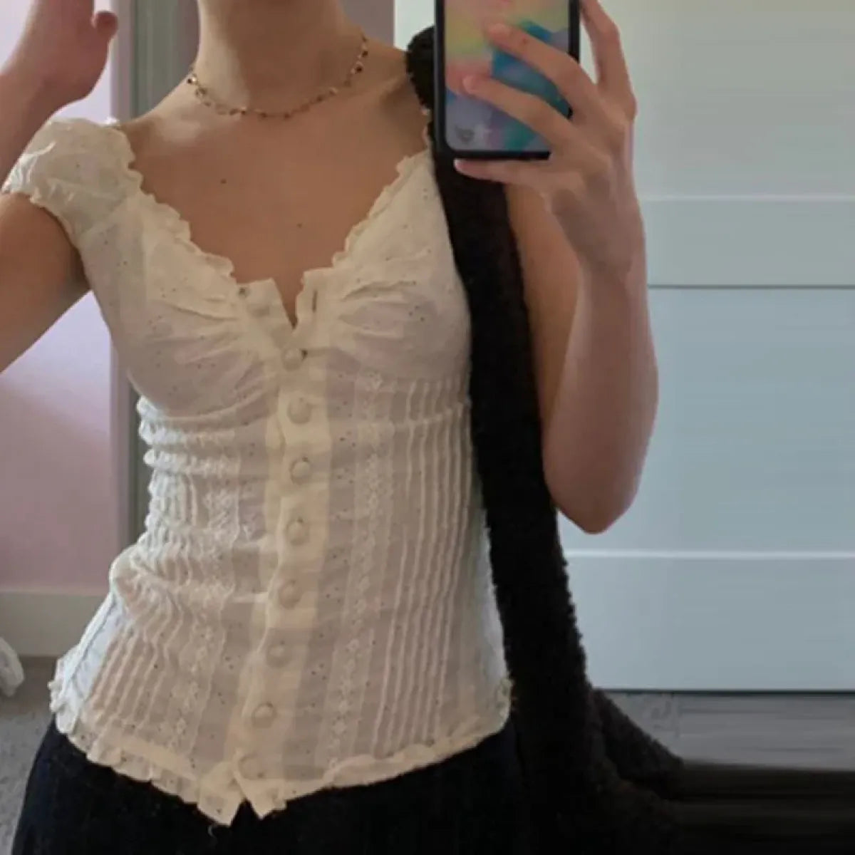 90s Vintage Button-Up Crop Top – Fairy Grunge Y2K Aesthetic White Frill Tee - T-Shirts - Short - V-neck - Crop Tops - 5