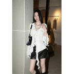 White Lace-Up Fairycore Blouse – Flare Sleeves & Ruffle Hem - Tops & Tees - Long - V-neck - Blouses - 5
