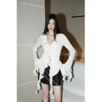 White Lace-Up Fairycore Blouse – Flare Sleeves & Ruffle Hem - Tops & Tees - Long - V-neck - Blouses - 1