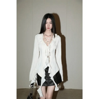 White Lace-Up Fairycore Blouse – Flare Sleeves & Ruffle Hem - Tops & Tees - Long - V-neck - Blouses - 3