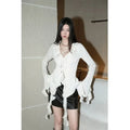 White Lace-Up Fairycore Blouse – Flare Sleeves & Ruffle Hem - Tops & Tees - Long - V-neck - Blouses - 7
