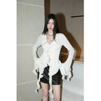 White Lace-Up Fairycore Blouse – Flare Sleeves & Ruffle Hem - Tops & Tees - Long - V-neck - Blouses - 7