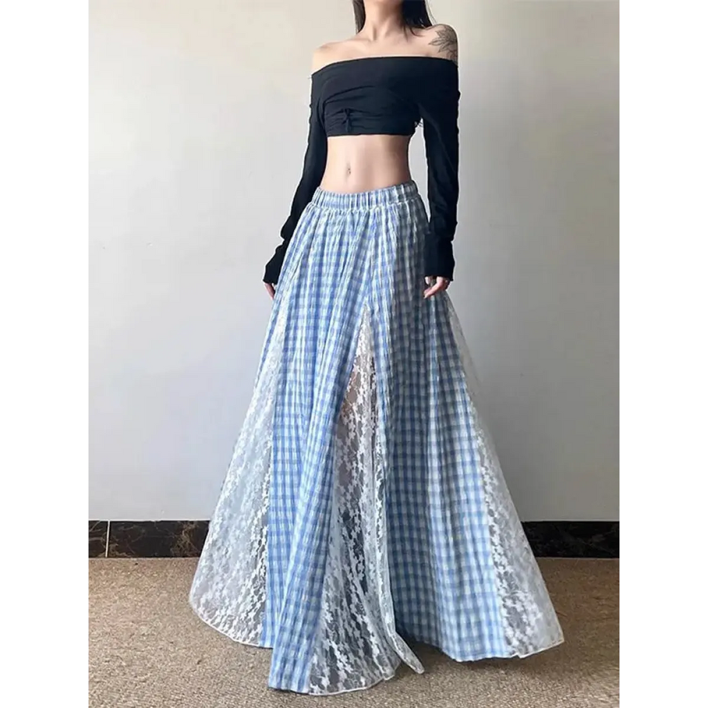 Fairycore Lace Plaid Long Skirt - Bottoms - Skirts - 1