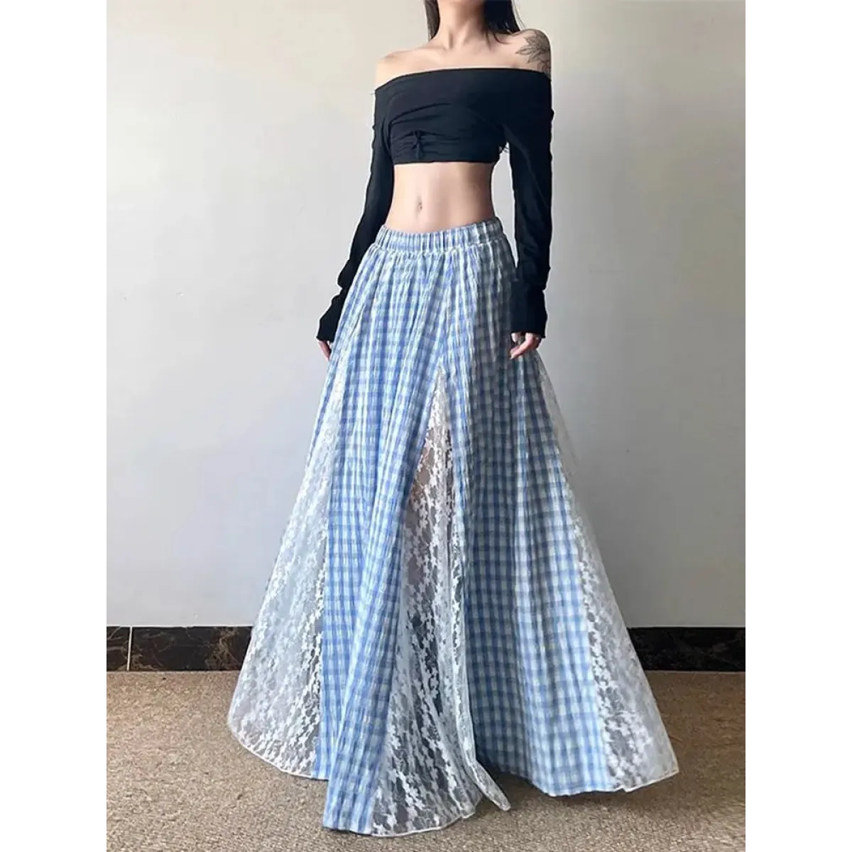 Fairycore Lace Plaid Long Skirt - Bottoms - Skirts - 1