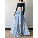 Fairycore Lace Plaid Long Skirt - Bottoms - Skirts - 1