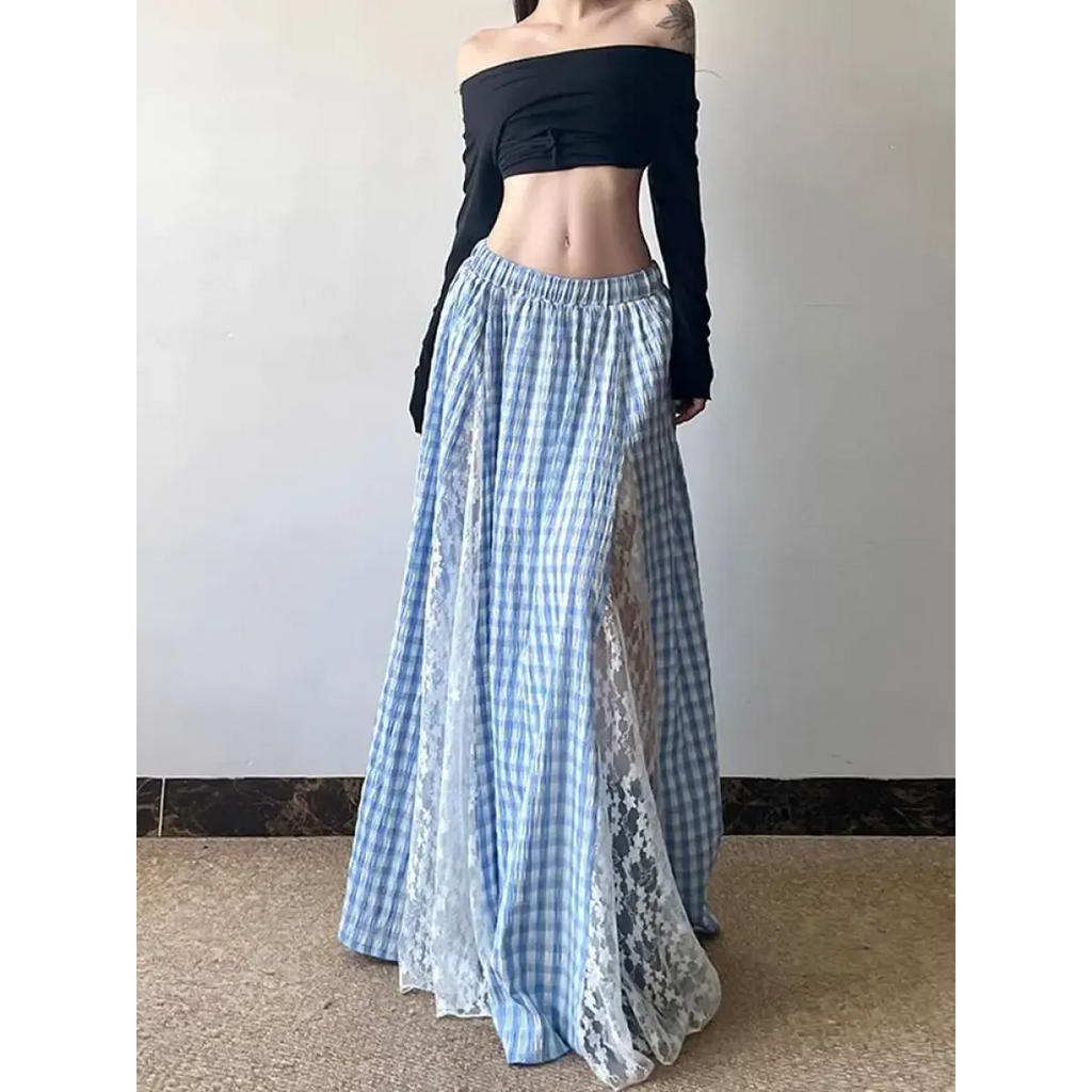 Fairycore Lace Plaid Long Skirt - Bottoms - Skirts - 3