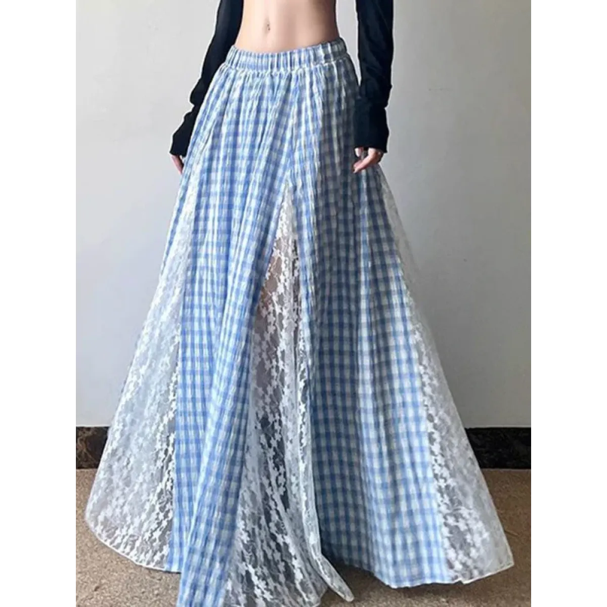 Fairycore Lace Plaid Long Skirt - Bottoms - Skirts - 6