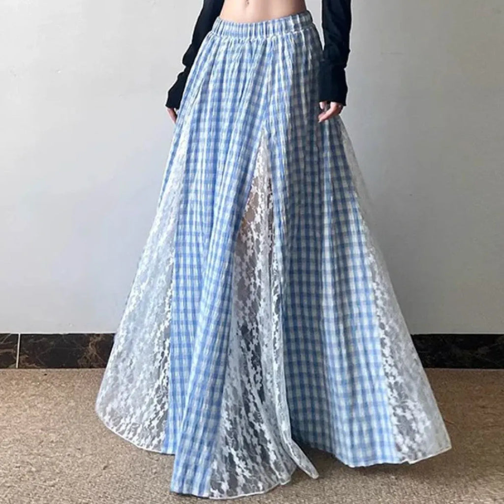 Fairycore Lace Plaid Long Skirt - Bottoms - Skirts - 7